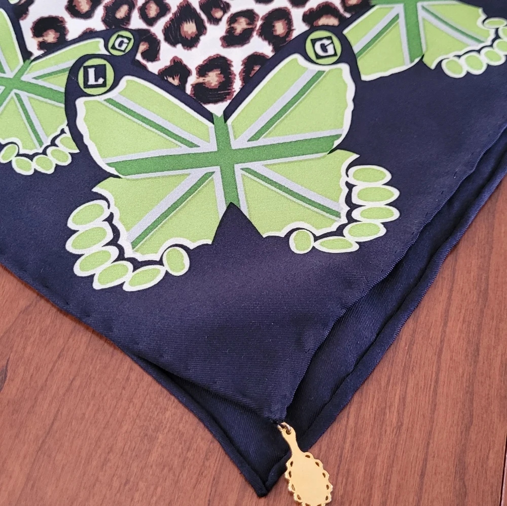 Lulu Guinness 100% Silk Scarf - Leopard & Green Butterfly Print - 26